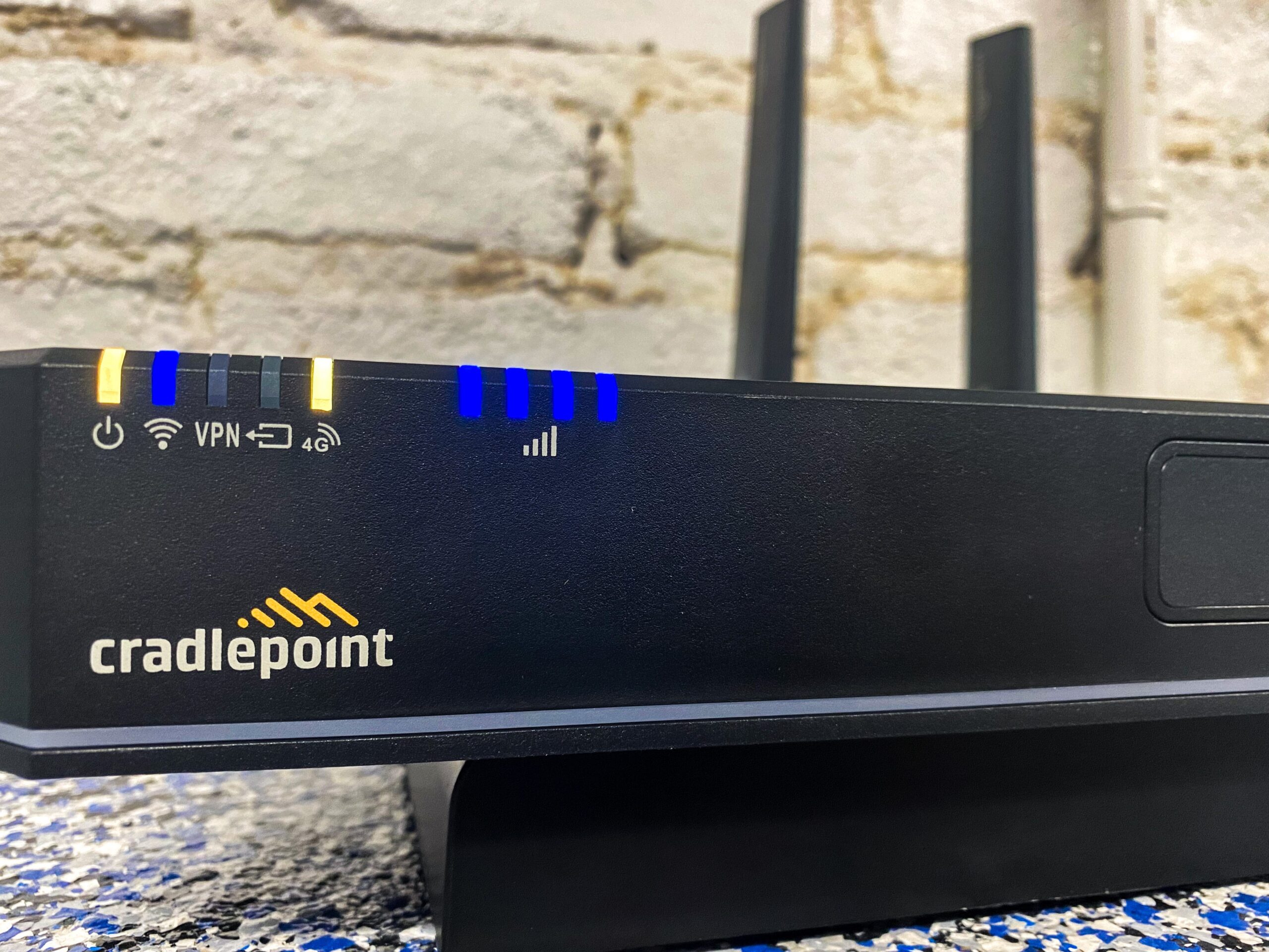 Close up of Cradlepoint router on table