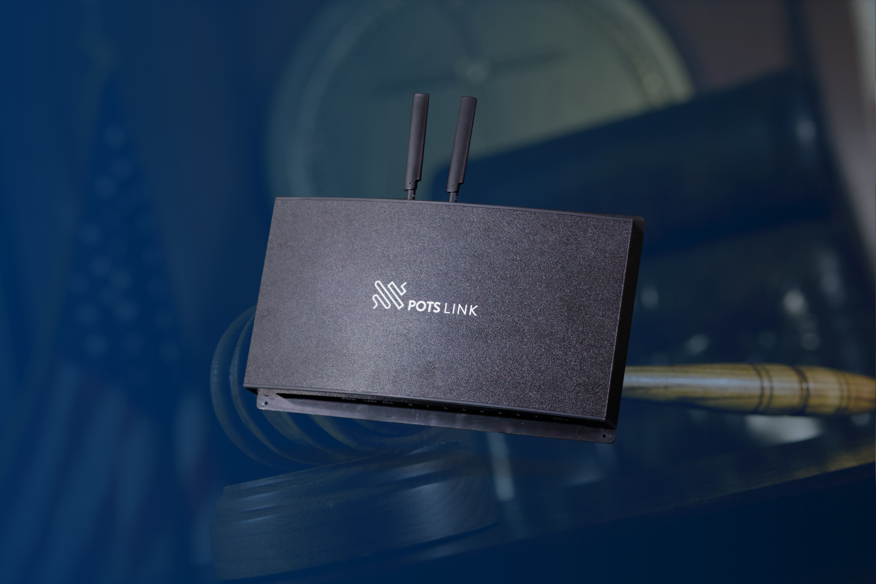 POTS Link overlaid on gradient background of courtroom