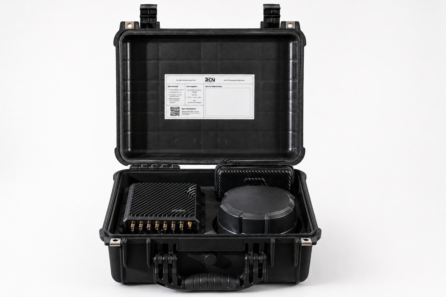 Cradlepoint R1900 portable network kit (PNK) in rugged case with antenna and router visible, studio product image