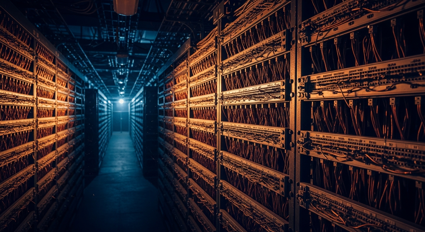 Rows of aging copper telephone wiring frames inside a legacy telecom switching facility being retired under FCC copper retirement rules