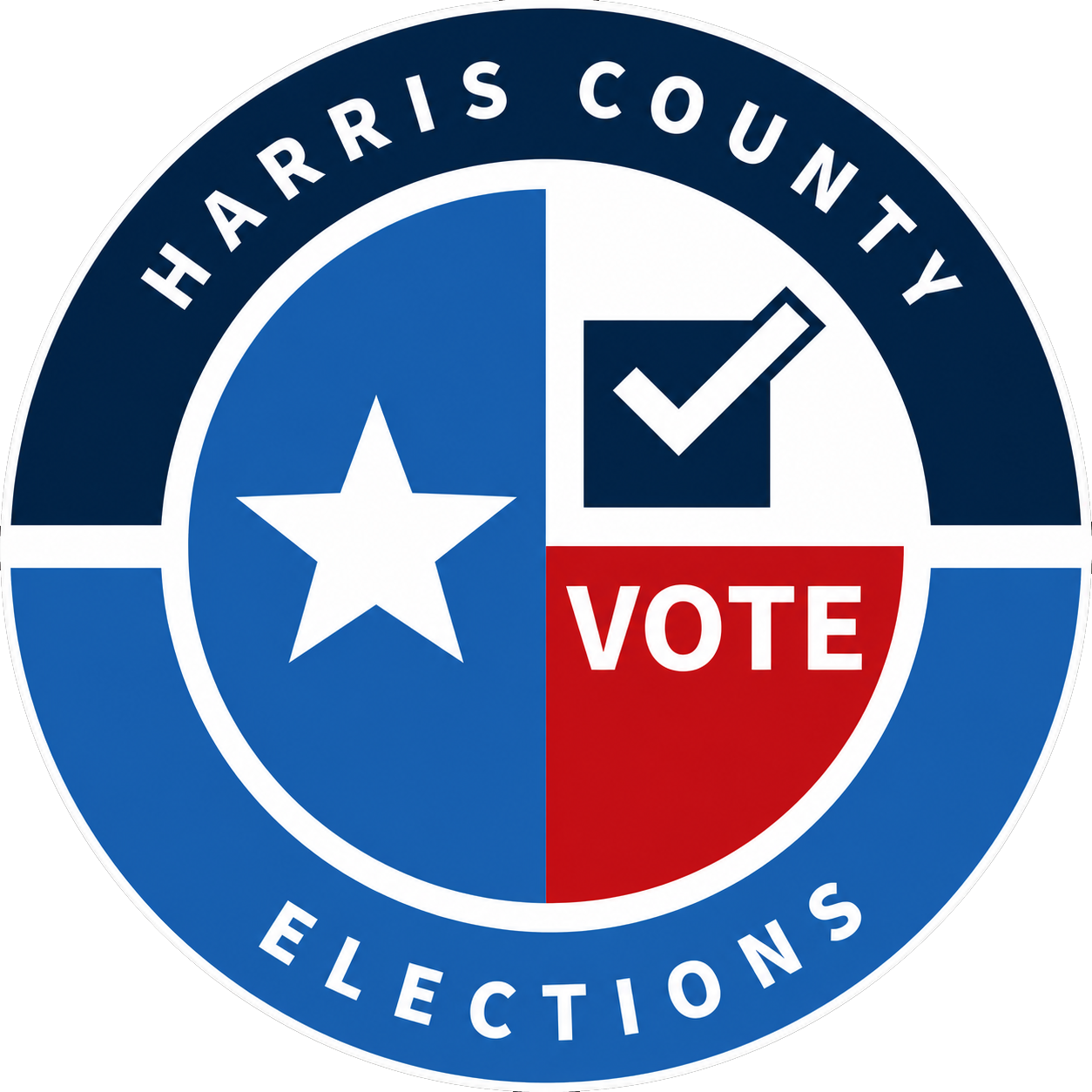 Harris County Elections circular logo with Texas star, checkmark ballot icon, and “Vote” in red