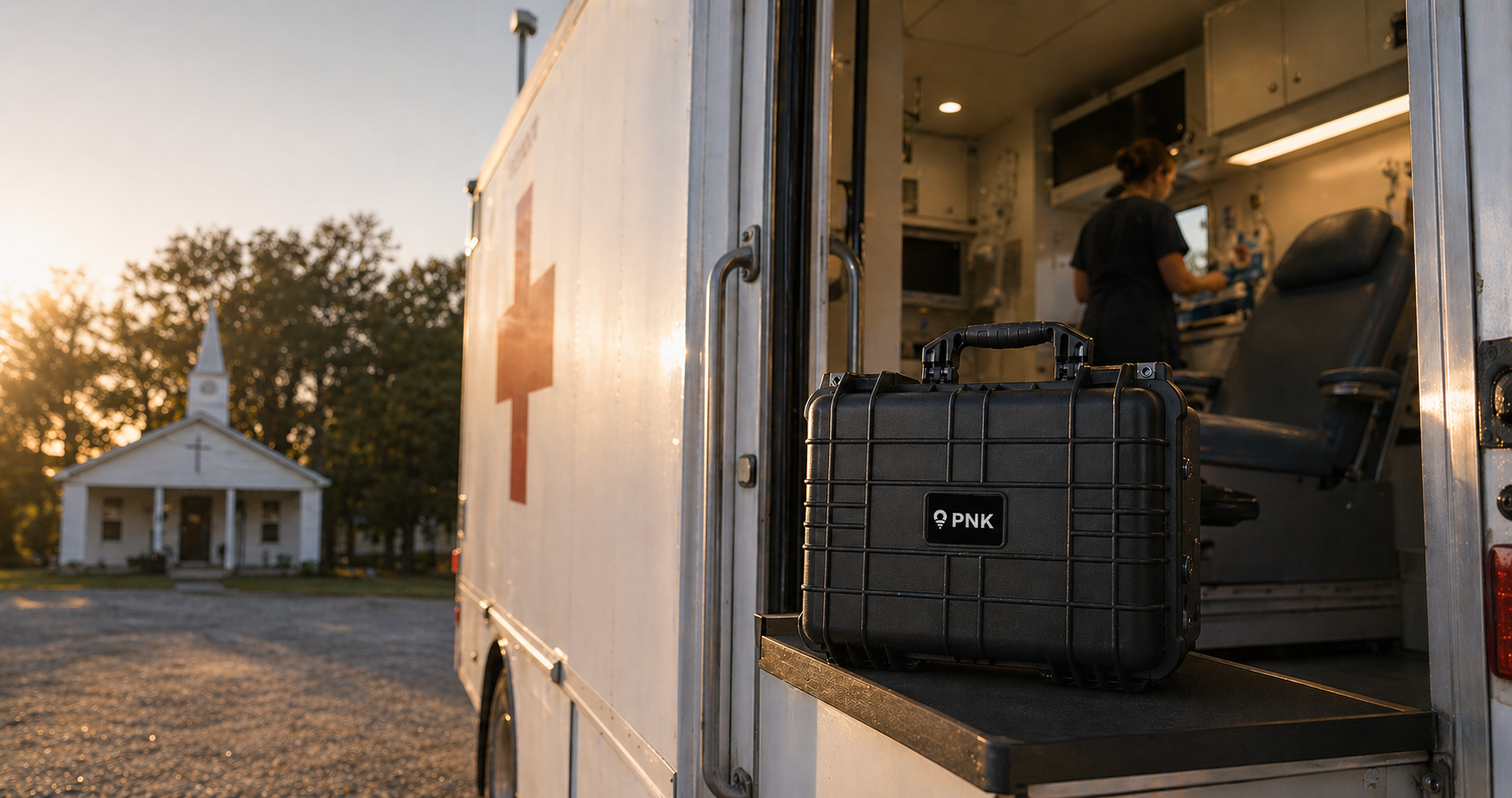 Pop-Up Network Kit (PNK) Supporting Mobile Healthcare Connectivity in Rural Setting Pop-Up Network Kit (PNK) rugged case deployed at the entrance of a mobile medical vehicle beside a rural church at sunrise