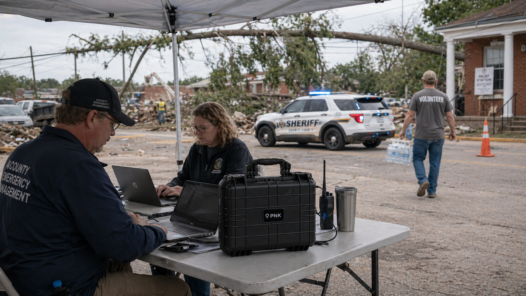 Pop-Up Network Kit (PNK) on a table under a canopy at a rural disaster recovery staging area, with emergency management staff using laptops and storm damage in the background