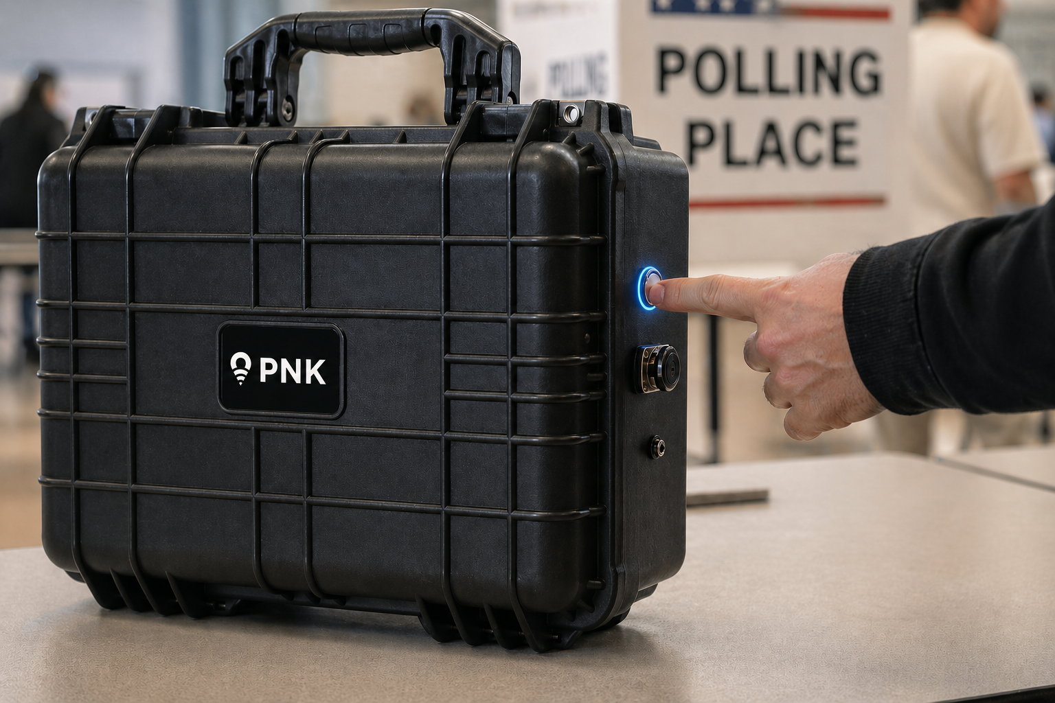 Hand pressing power button on Portable Network Kit (PNK) at polling place table for rapid internet setup