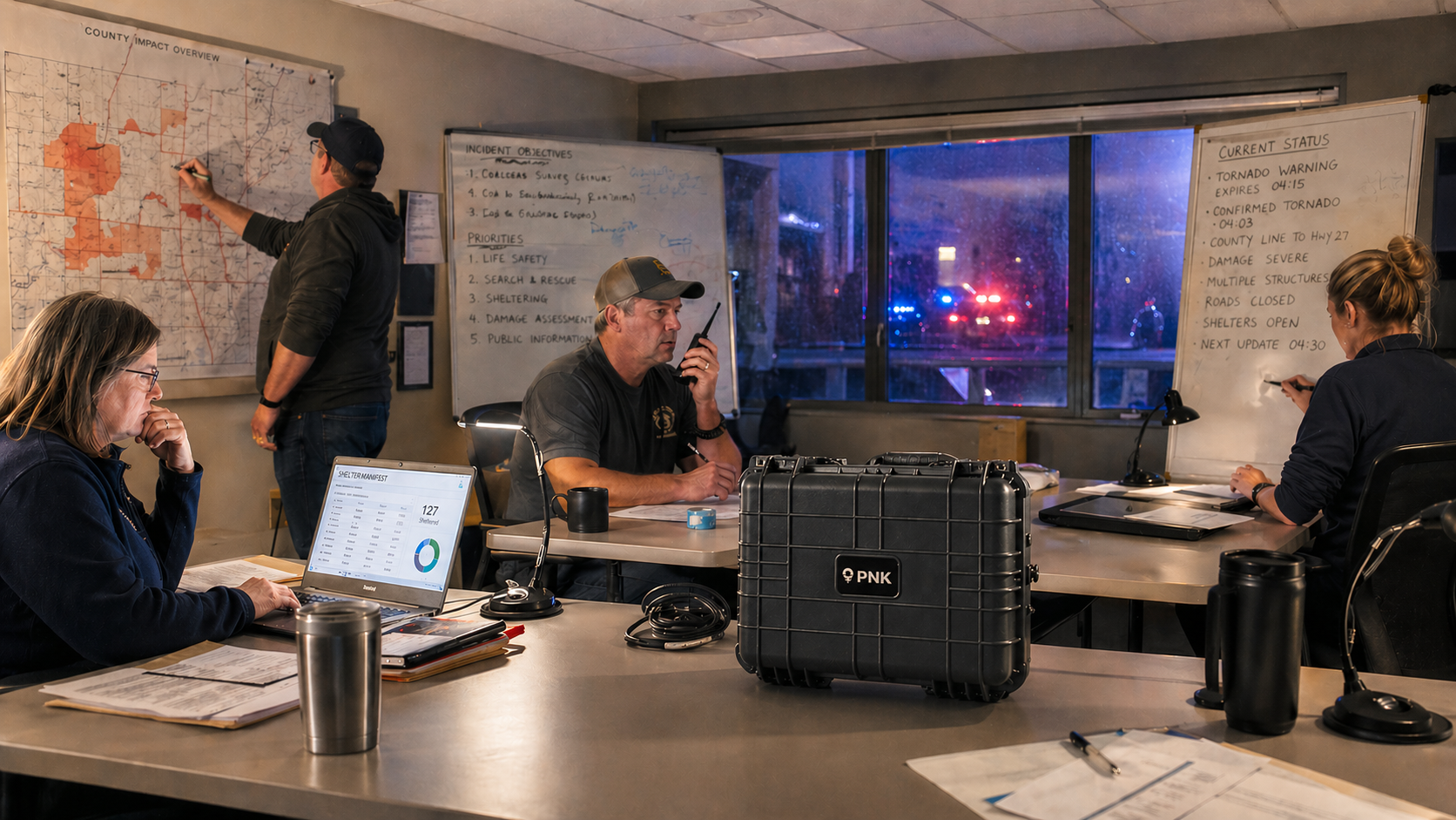 Pop-Up Network Kit (PNK) on table inside a county emergency operations center during a tornado response, with staff coordinating response efforts at 4 AM