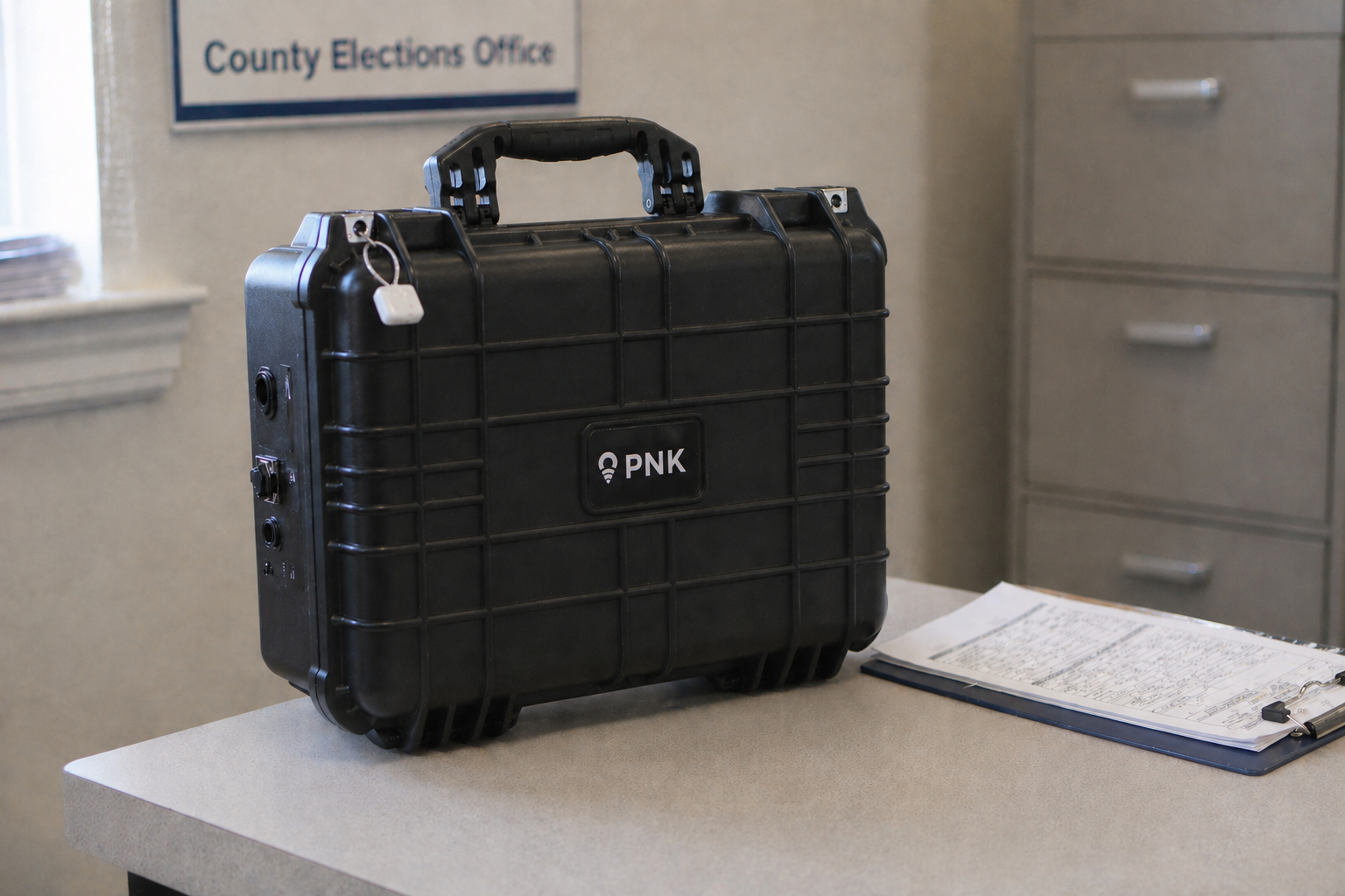 RCN PNK Pop-Up Network Kit secured with a tamper-evident seal on a countertop in a county elections office