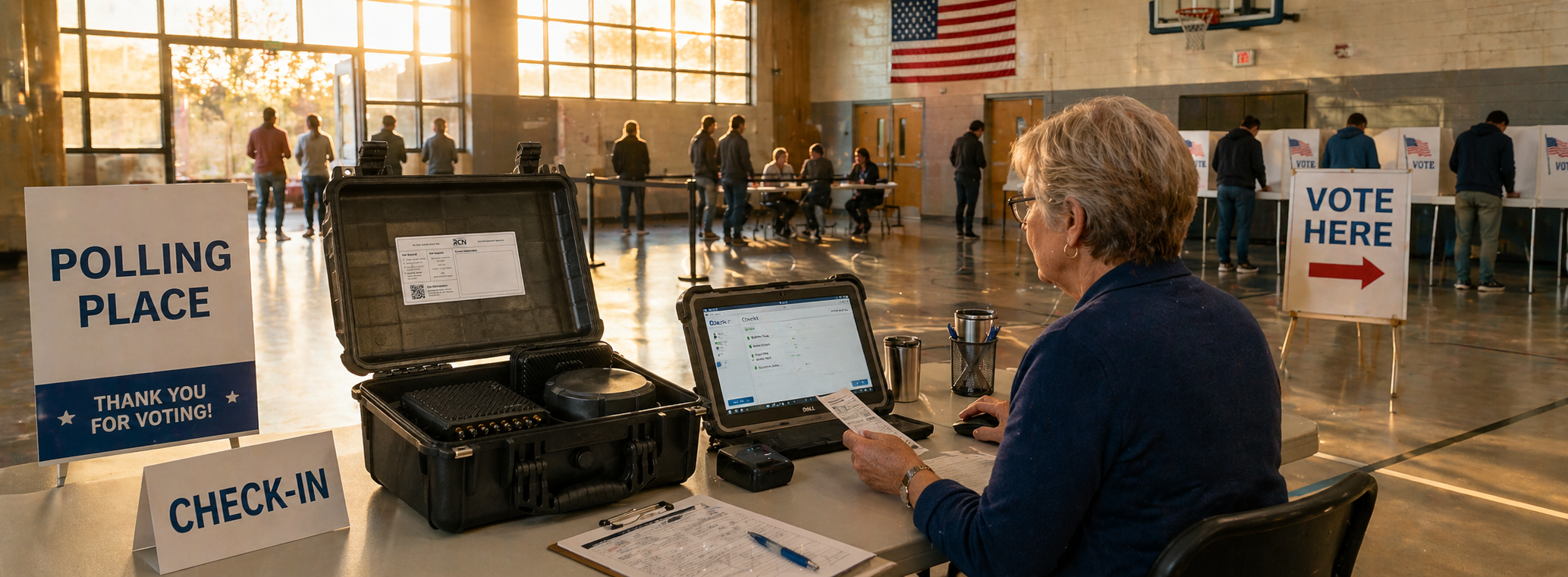 Polling place at first light in a community gym, election worker checking in voters using a Cradlepoint R1900 Pop-Up Network Kit on a check-in table