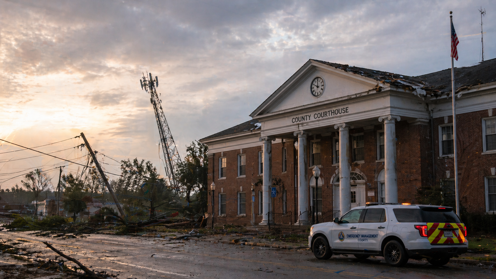 Small rural county courthouse at dawn after a tornado, with downed power lines, debris in the street, and a damaged cell tower in the background