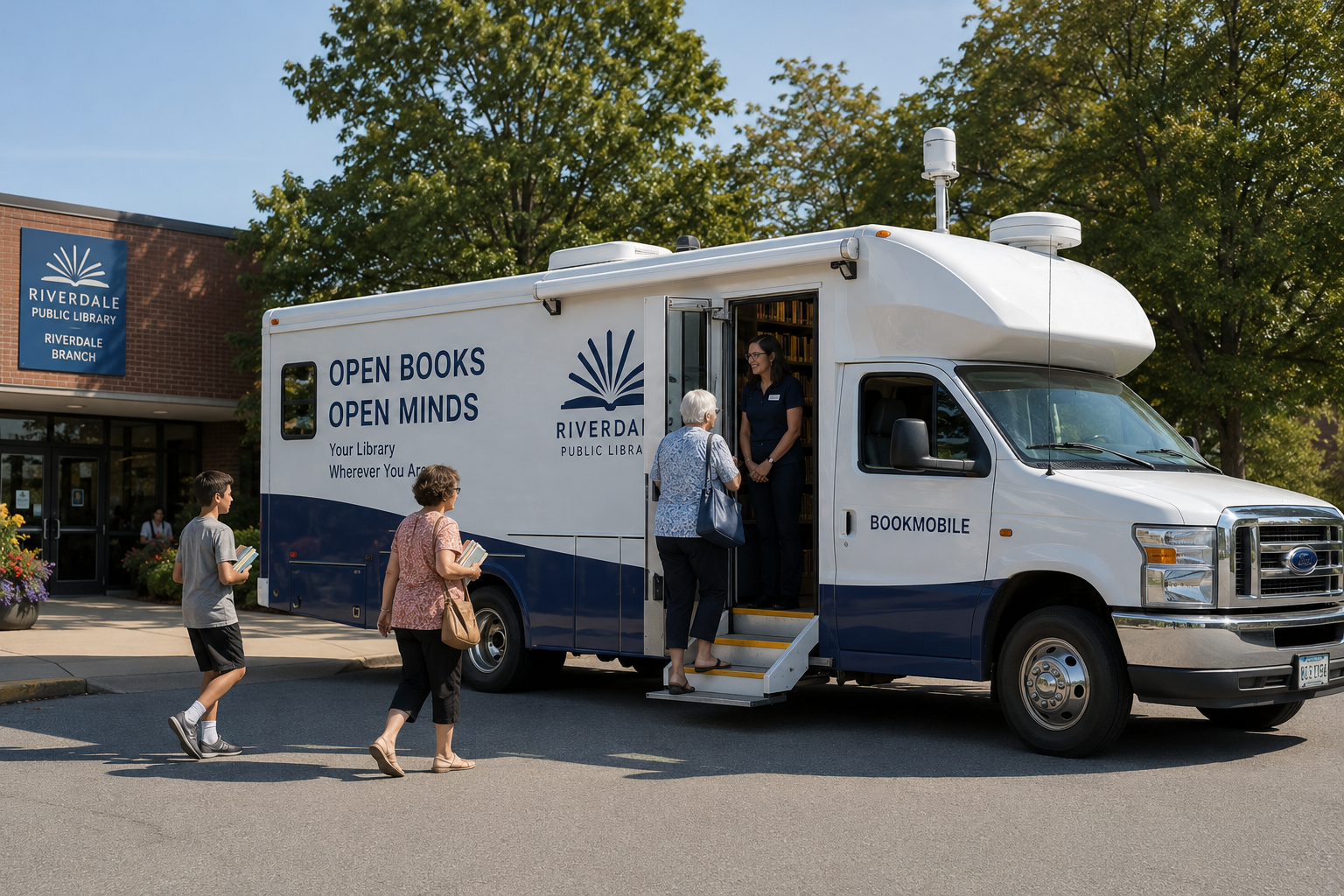 Bookmobile Outside Community Center with Patron Wi-Fi and Mobile Connectivity Modern bookmobile parked outside a community center with patrons entering while mobile cellular and satellite connectivity systems provide public Wi-Fi access.<br />