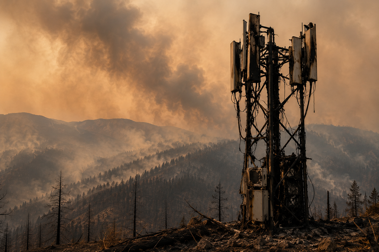 Fire-damaged cellular tower standing on a burned mountain ridge with heavy smoke haze after a major wildfire.