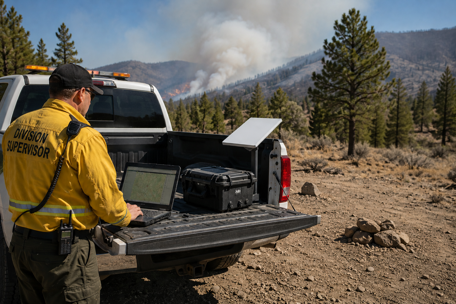 Wildland division supervisor using a rugged laptop beside a Starlink-ready Pop-Up Network Kit on a pickup truck during wildfire response operations.