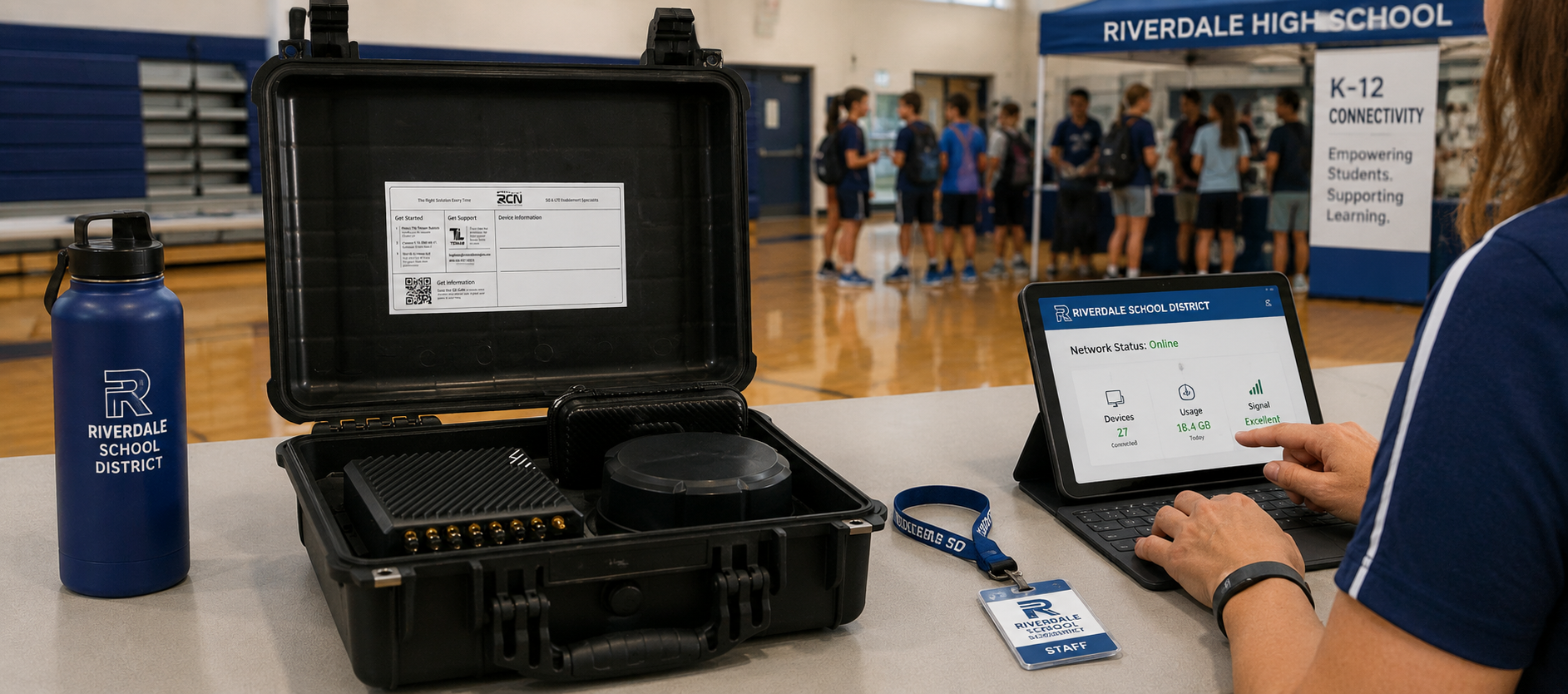 Portable wireless network kit deployed at a K-12 school district off-campus event inside a gymnasium with staff using a tablet to monitor connectivity.