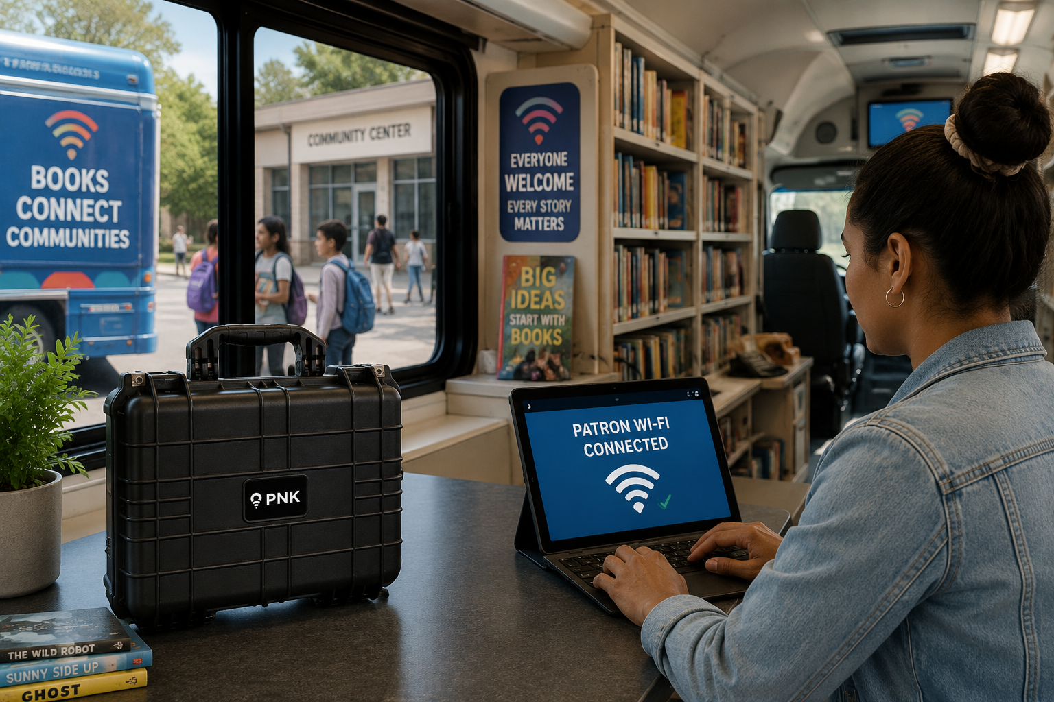 Bookmobile Wi-Fi Powered by PNK | Mobile Connectivity for Community Outreach PNK mobile connectivity kit inside a bookmobile providing patron Wi-Fi during a community outreach stop outside a school or community center.