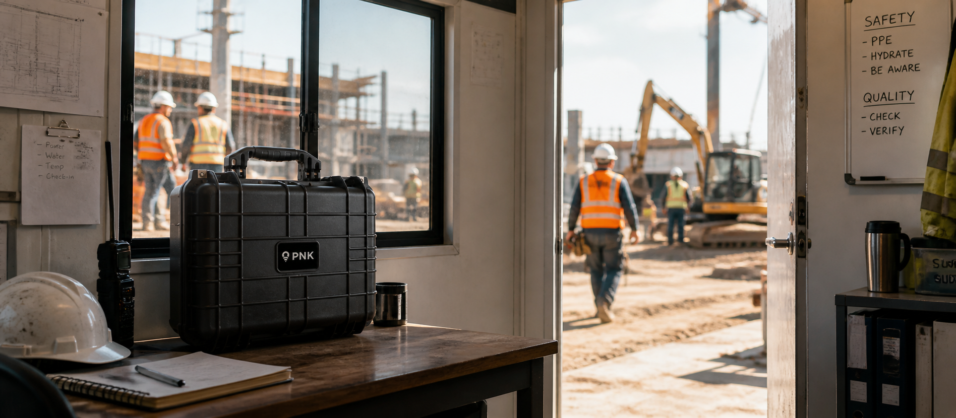 PNK portable network kit inside a construction trailer with crew working on an active jobsite outside