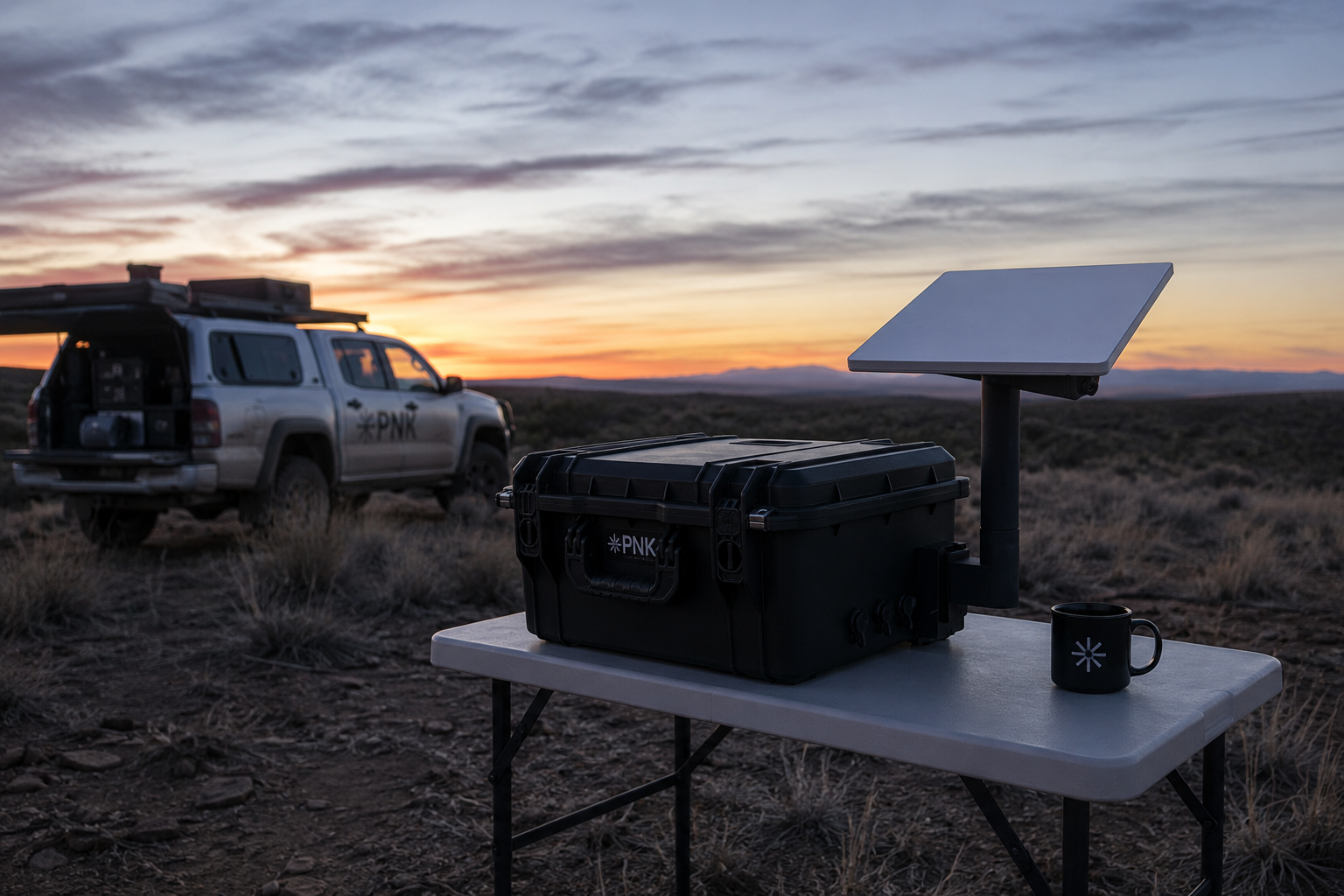 Starlink-Ready PNK deployed in the field at sunrise providing portable connectivity