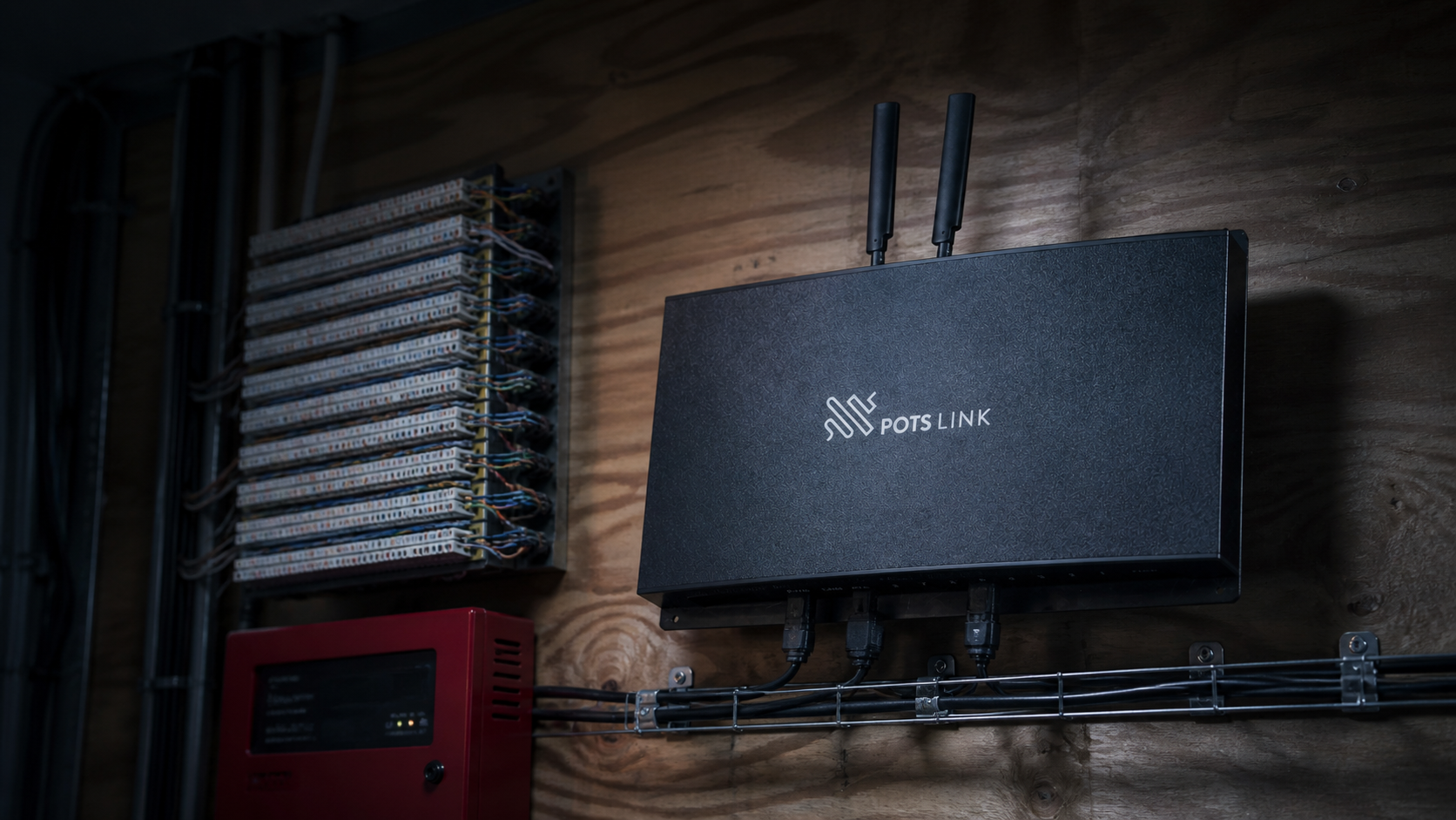 POTS Link device mounted in a telecom closet next to legacy 66-block punch-down wiring and a fire alarm panel POTS Link device mounted in a telecom closet next to legacy 66-block punch-down wiring and a fire alarm panel