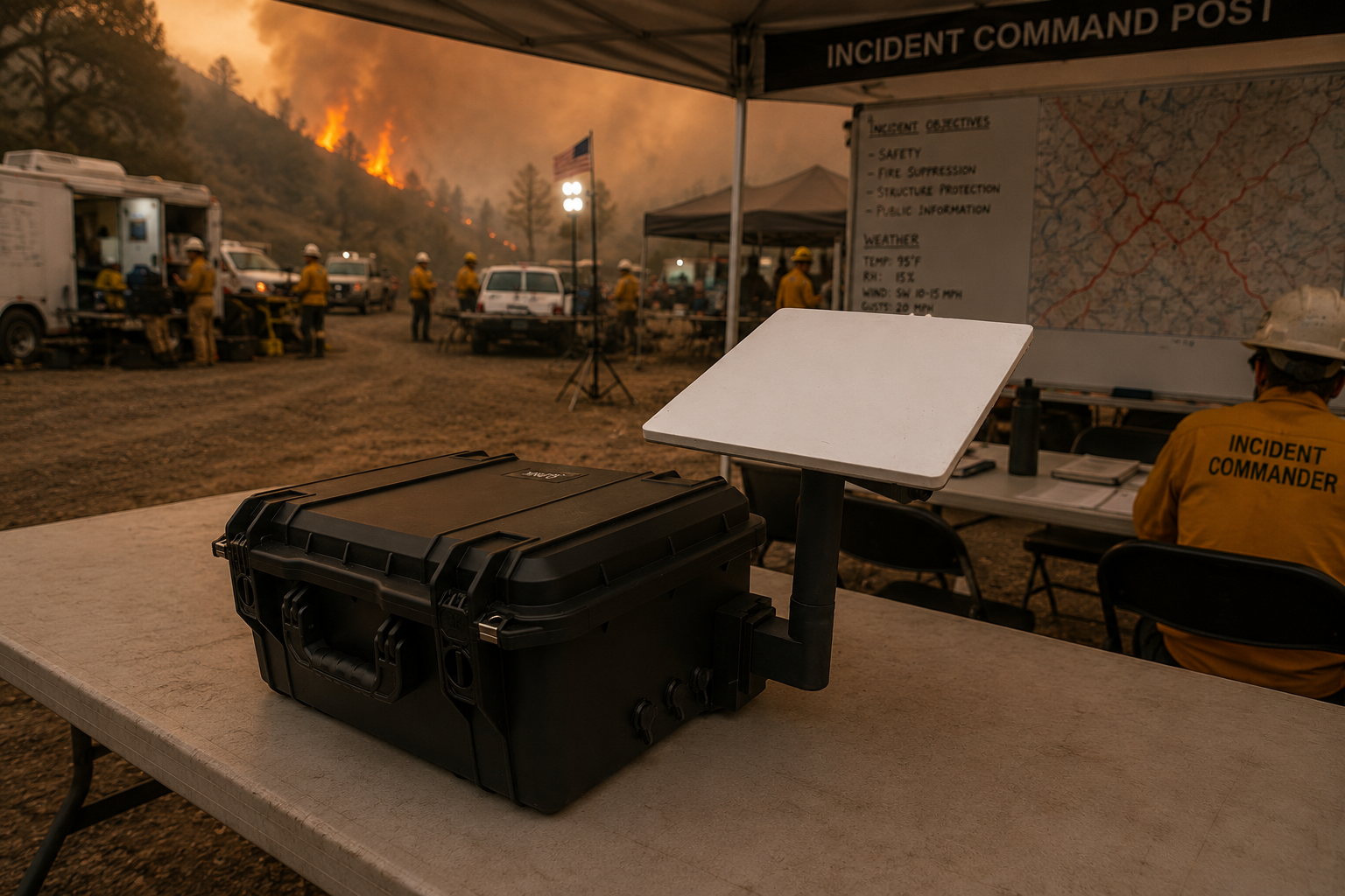 R1900 Starlink-ready Pop-Up Network Kit deployed on a table at a wildfire incident command post with smoke haze and emergency personnel coordinating response operations.