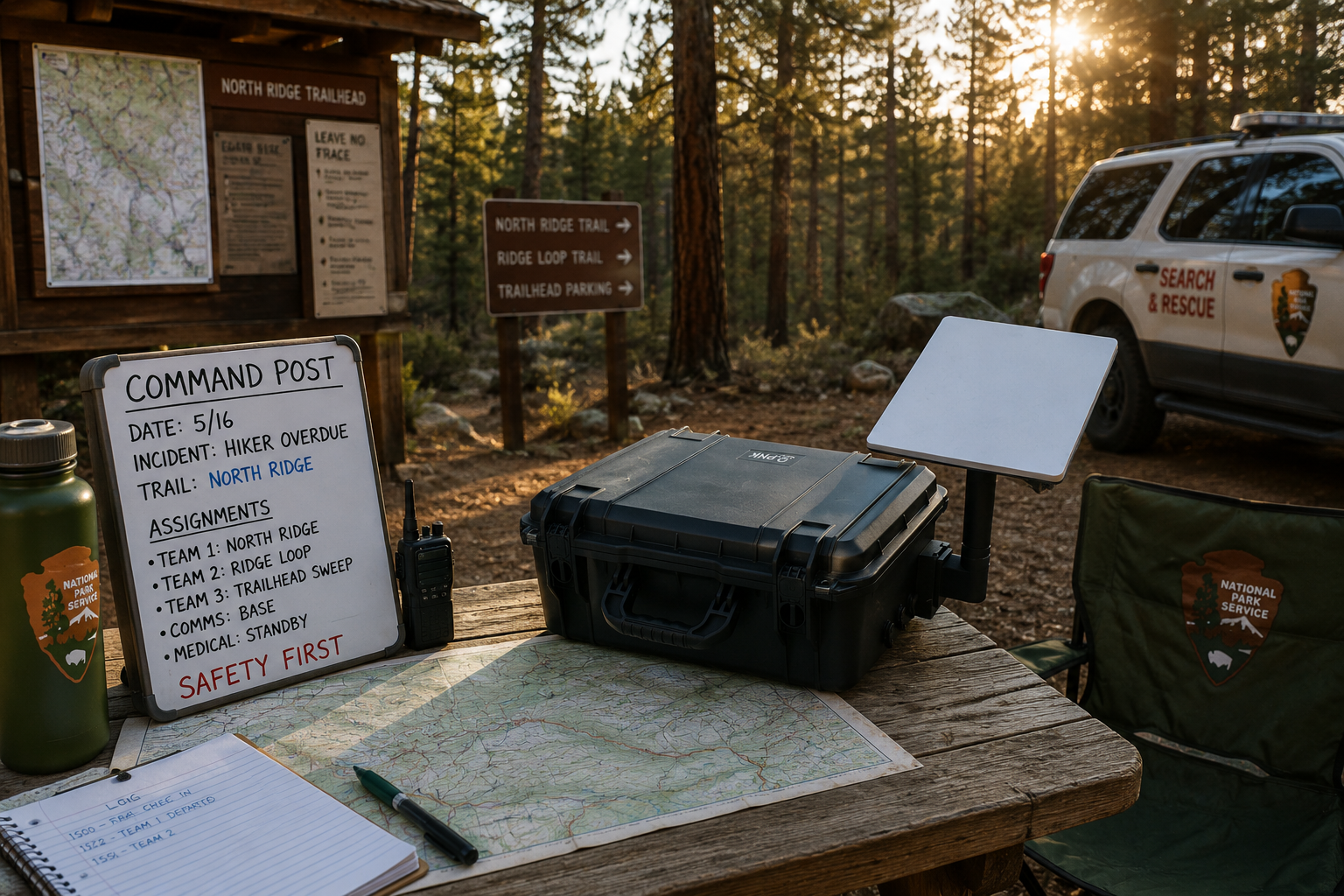 Starlink-Ready PNK at National Park SAR Trailhead Command Post | Emergency Connectivity for Search & Rescue Starlink-ready PNK deployed on an incident command table at a National Park Service search and rescue trailhead surrounded by forest in late afternoon light.