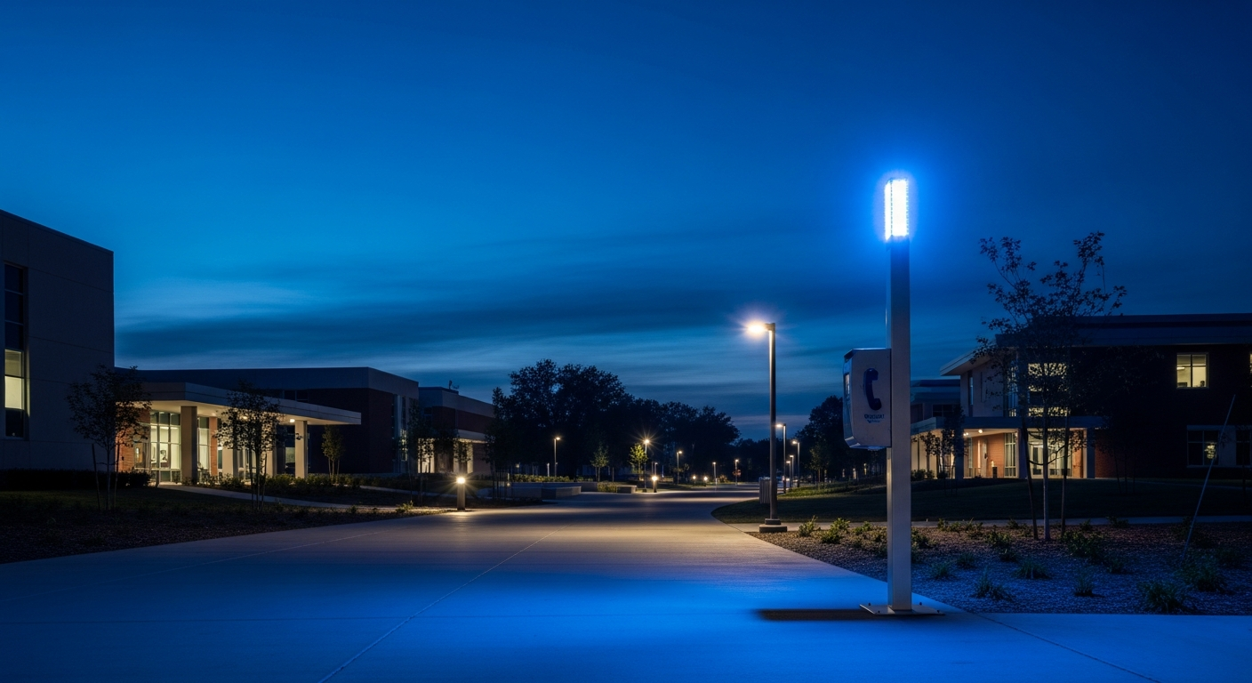 Campus blue light emergency phone tower stanchion with glowing indicator light representing POTS line replacement for university emergency call infrastructure Campus blue light emergency phone tower stanchion with glowing indicator light representing POTS line replacement for university emergency call infrastructure