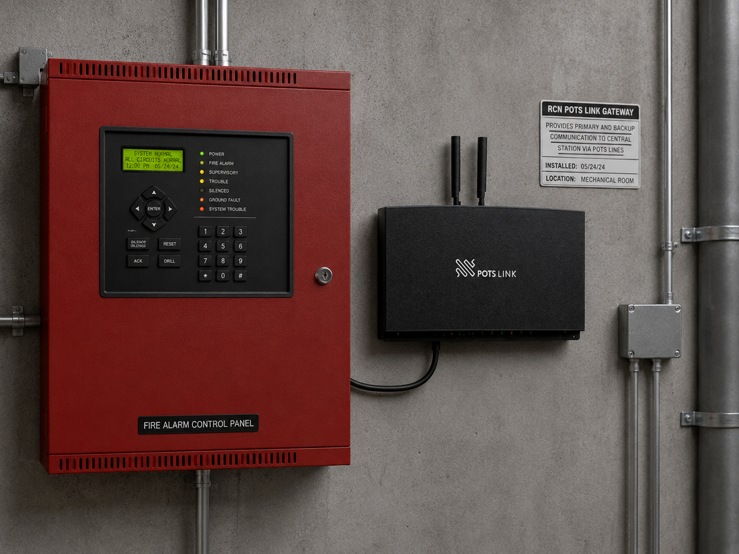 RCN POTS Link gateway connected to a commercial fire alarm control panel in a building mechanical room RCN POTS Link gateway connected to a commercial fire alarm control panel in a building mechanical room